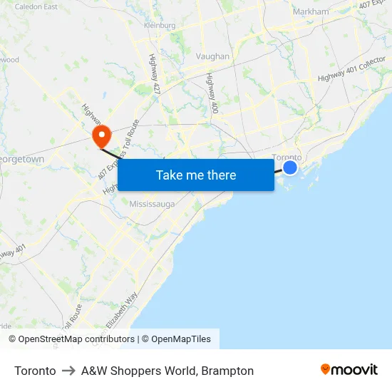 Toronto to A&W Shoppers World, Brampton map