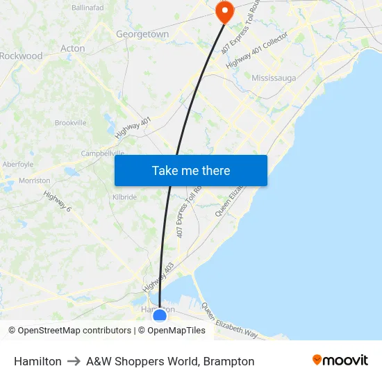 Hamilton to A&W Shoppers World, Brampton map