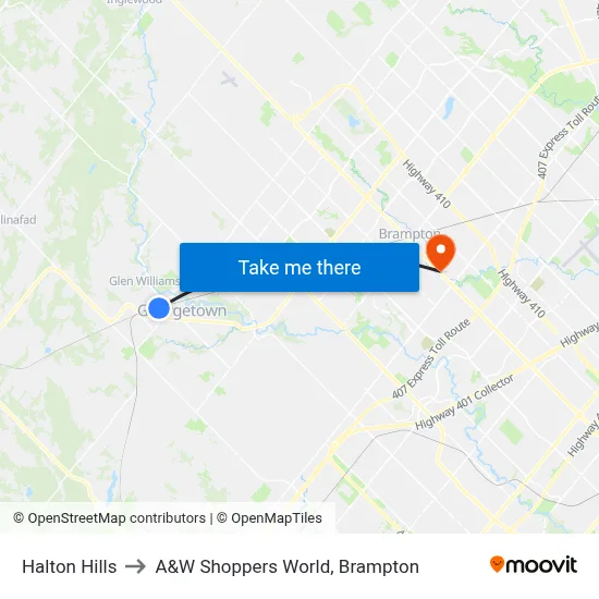 Halton Hills to A&W Shoppers World, Brampton map