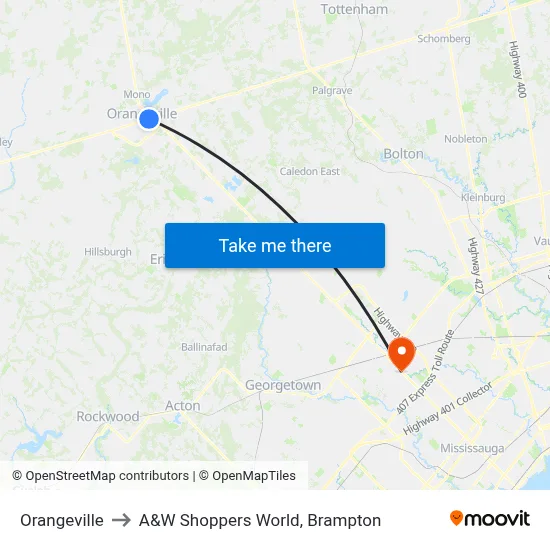 Orangeville to A&W Shoppers World, Brampton map