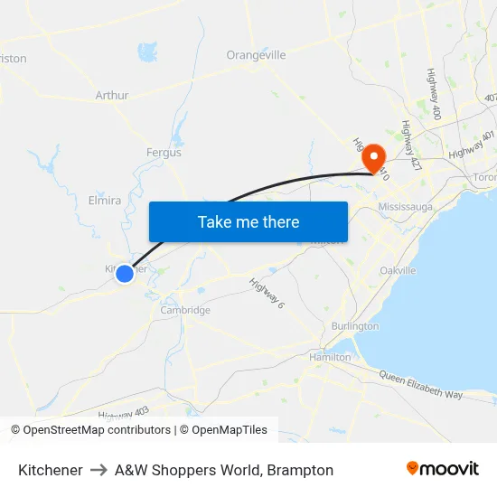 Kitchener to A&W Shoppers World, Brampton map
