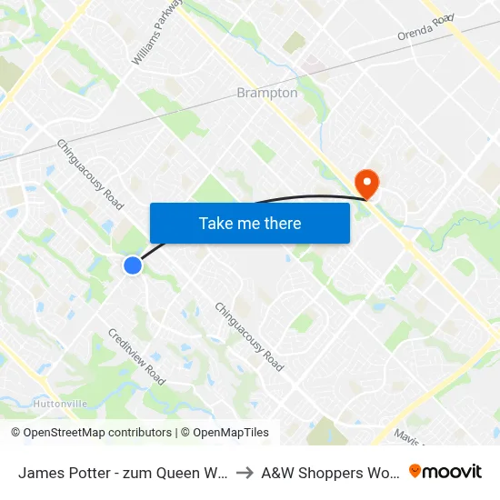 James Potter - zum Queen West Station Stop EB to A&W Shoppers World, Brampton map