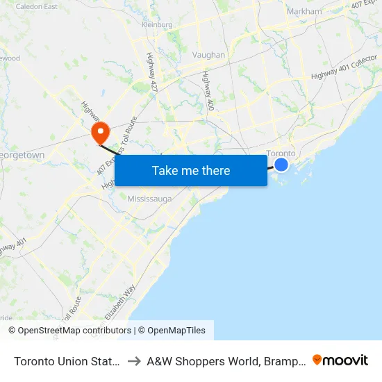 Toronto Union Station to A&W Shoppers World, Brampton map
