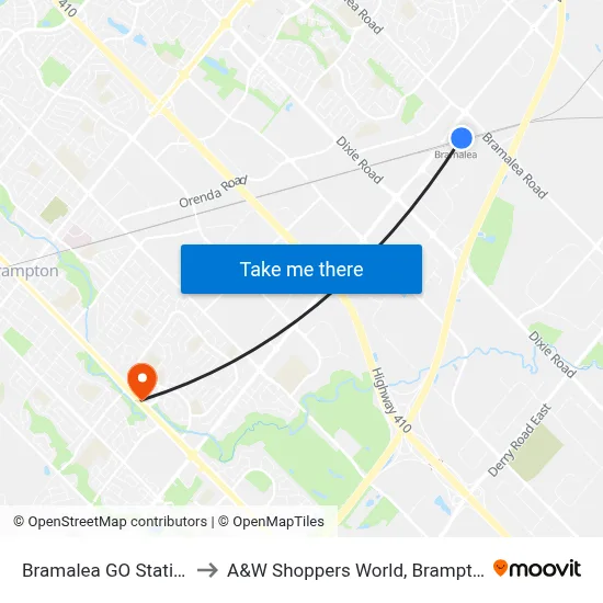 Bramalea GO Station to A&W Shoppers World, Brampton map