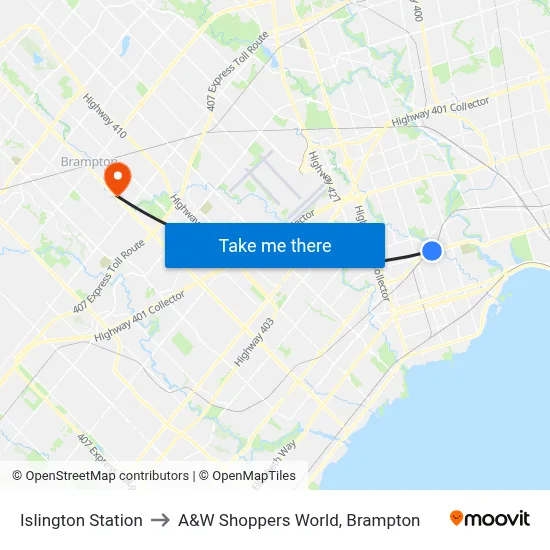 Islington Station to A&W Shoppers World, Brampton map