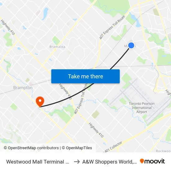 Westwood Mall Terminal Route 5 Stop to A&W Shoppers World, Brampton map