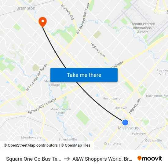 Square One Go Bus Terminal to A&W Shoppers World, Brampton map
