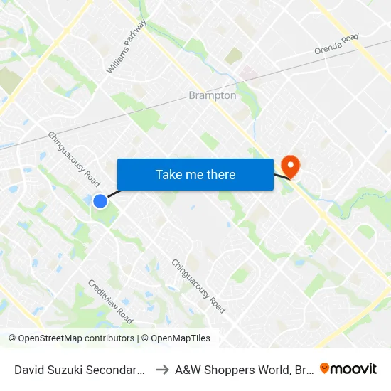 David Suzuki Secondary School to A&W Shoppers World, Brampton map