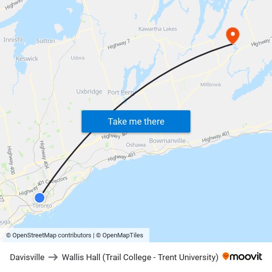 Davisville to Wallis Hall (Trail College - Trent University) map