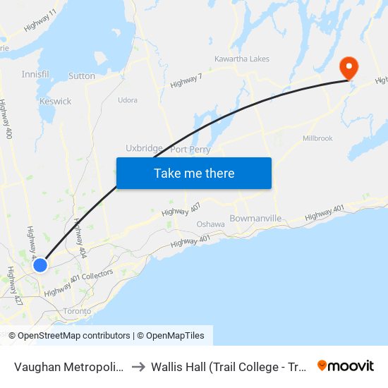 Vaughan Metropolitan Centre to Wallis Hall (Trail College - Trent University) map