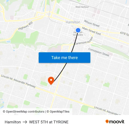 Hamilton to WEST 5TH at TYRONE map