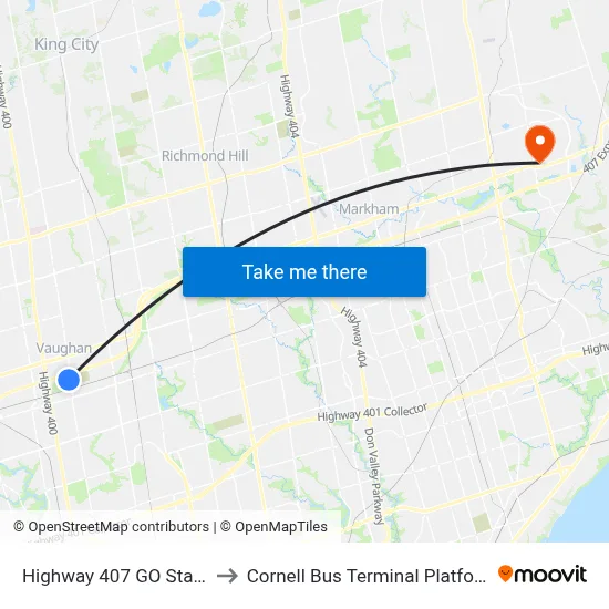Highway 407 GO Station to Cornell Bus Terminal Platform 8 map
