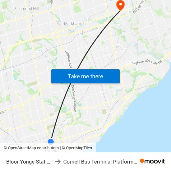 Bloor Yonge Station to Cornell Bus Terminal Platform 8 map