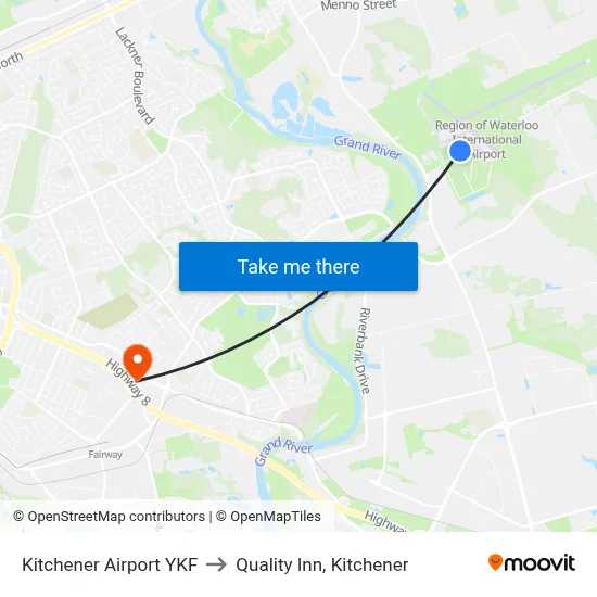 Kitchener Airport YKF to Quality Inn, Kitchener map