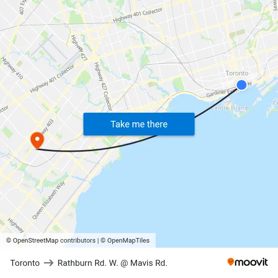 Toronto to Rathburn Rd. W. @ Mavis Rd. map