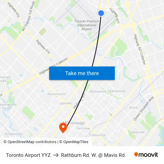 Toronto Airport YYZ to Rathburn Rd. W. @ Mavis Rd. map