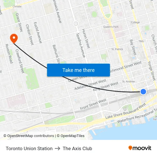 Toronto Union Station to The Axis Club map