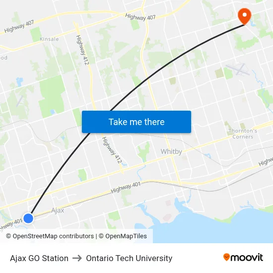 Ajax GO Station to Ontario Tech University map