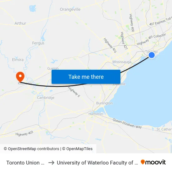 Toronto Union Station to University of Waterloo Faculty of Engineering map