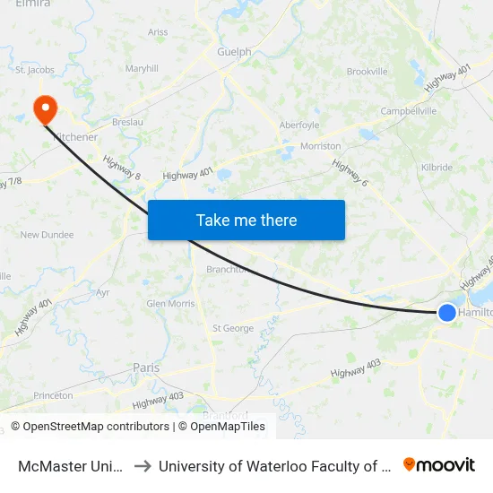 McMaster University to University of Waterloo Faculty of Engineering map