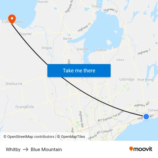 Whitby to Blue Mountain map