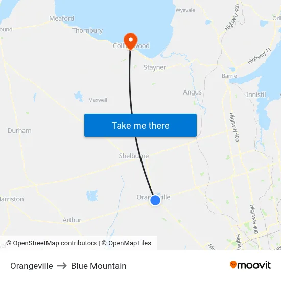 Orangeville to Blue Mountain map