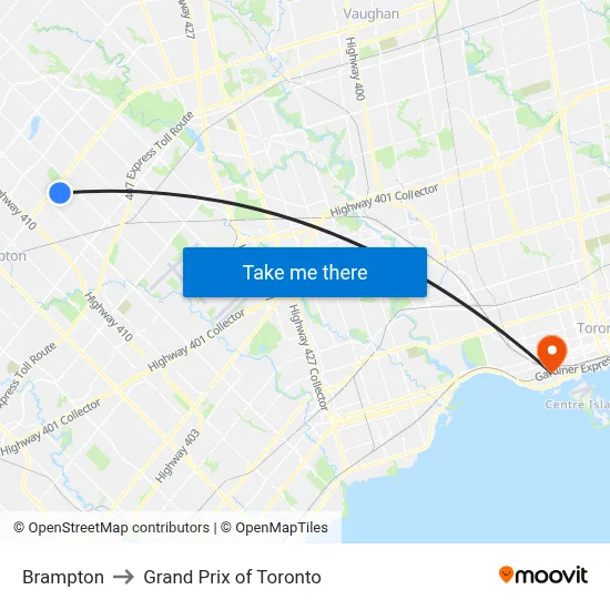 Brampton to Grand Prix of Toronto map