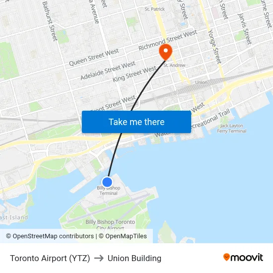 Toronto Airport (YTZ) to Union Building map