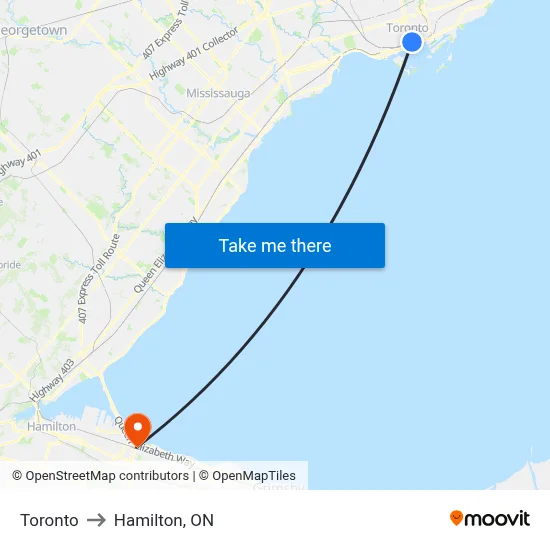 Toronto to Hamilton, ON map