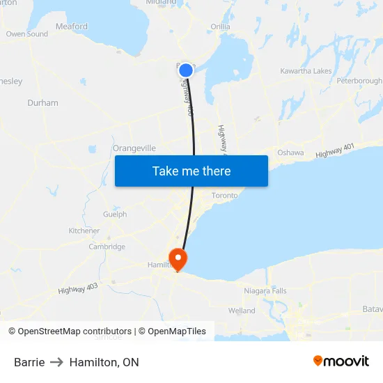 Barrie to Hamilton, ON map