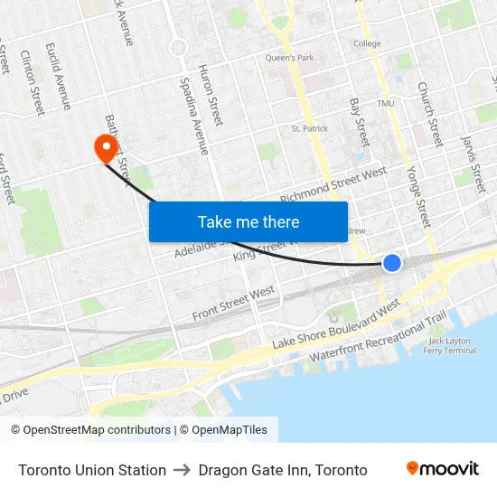 Toronto Union Station to Dragon Gate Inn, Toronto map