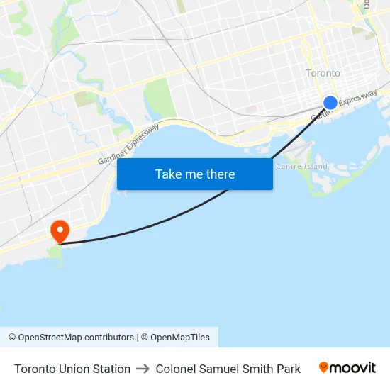 Toronto Union Station to Colonel Samuel Smith Park map