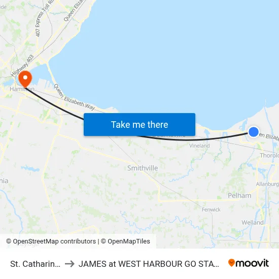 St. Catharines to JAMES at WEST HARBOUR GO STATION map
