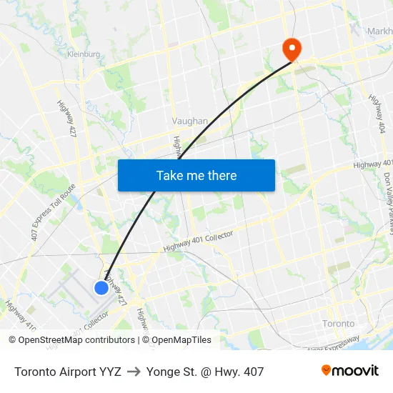 Toronto Airport YYZ to Yonge St. @ Hwy. 407 map