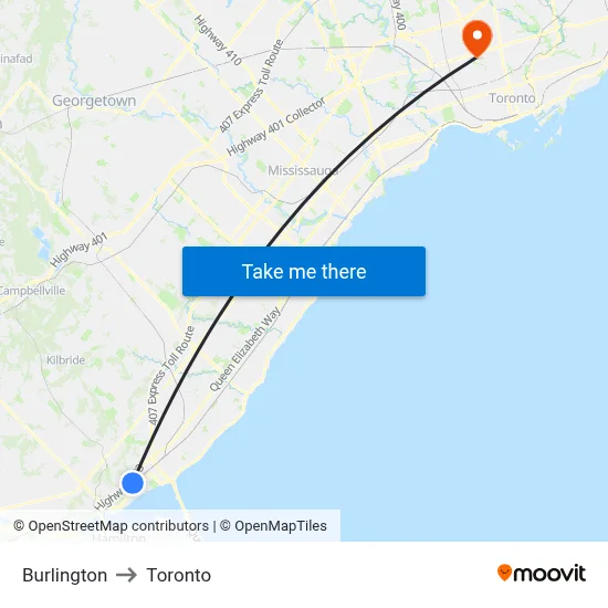 Burlington to Toronto map