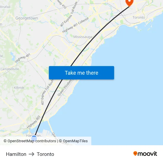 Hamilton to Toronto map