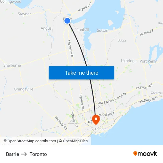 Barrie to Toronto map