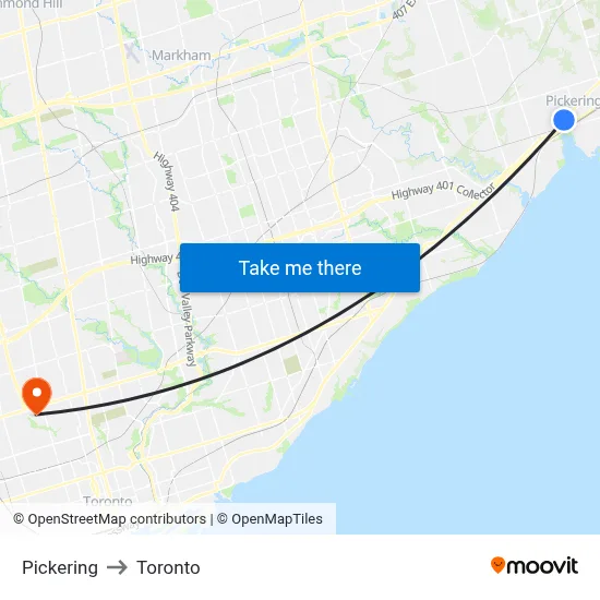 Pickering to Toronto map