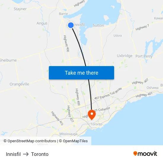 Innisfil to Toronto map