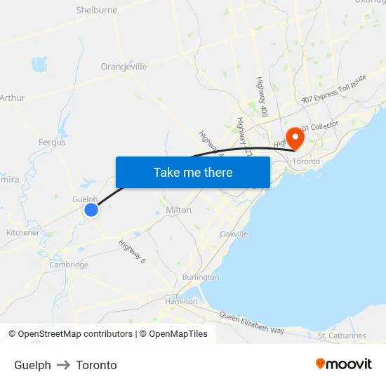 Guelph to Toronto map