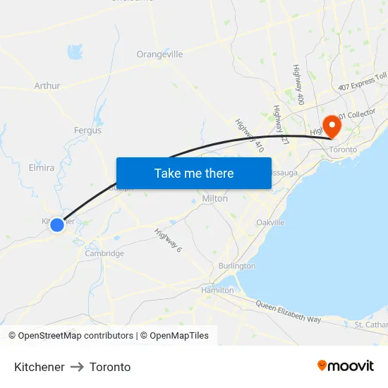 Kitchener to Toronto map