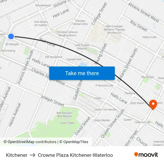 Kitchener to Crowne Plaza Kitchener-Waterloo map