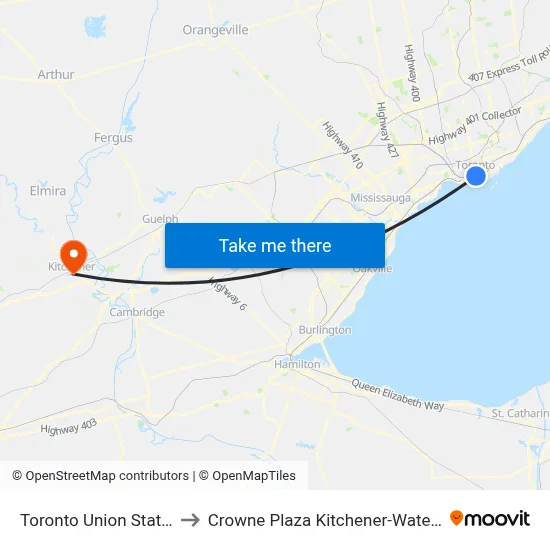 Toronto Union Station to Crowne Plaza Kitchener-Waterloo map
