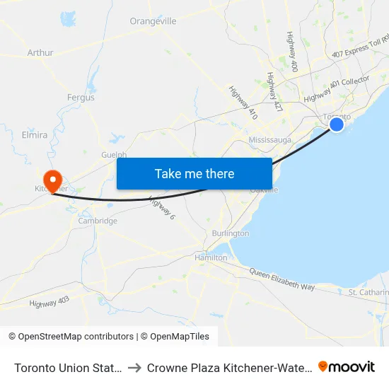 Toronto Union Station to Crowne Plaza Kitchener-Waterloo map