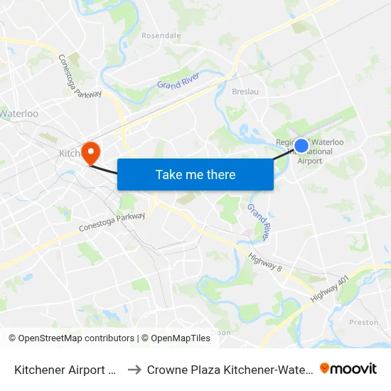 Kitchener Airport YKF to Crowne Plaza Kitchener-Waterloo map