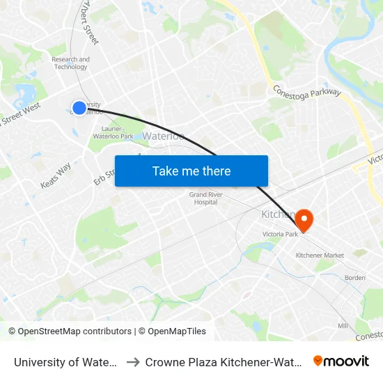 University of Waterloo to Crowne Plaza Kitchener-Waterloo map