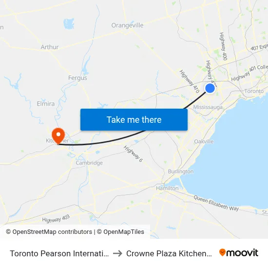 Toronto Pearson International Airport to Crowne Plaza Kitchener-Waterloo map