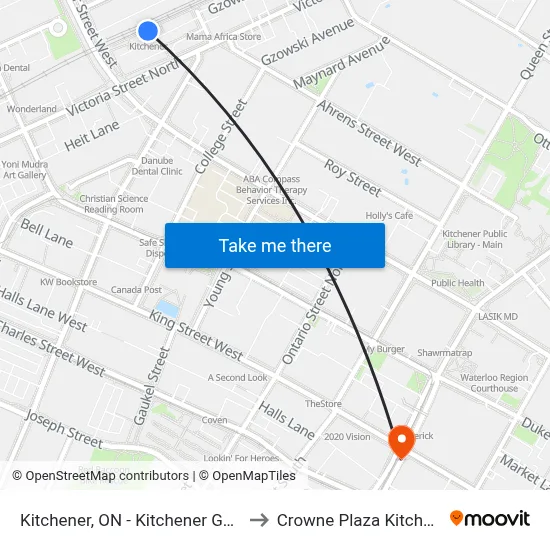 Kitchener, ON - Kitchener GO/VIA Rail Station to Crowne Plaza Kitchener-Waterloo map