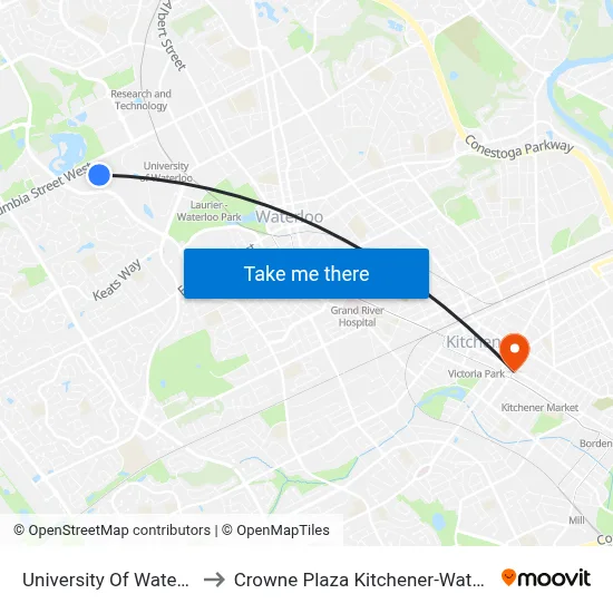University Of Waterloo to Crowne Plaza Kitchener-Waterloo map