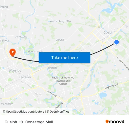 Guelph to Conestoga Mall map
